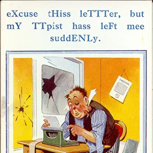 Comic postcard, Man trying to type a letter