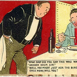 Comic postcard, Man and waiter in restaurant - chicken soup? Date: 20th century