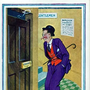 Comic postcard, Man waiting for the public toilet Date: 20th century
