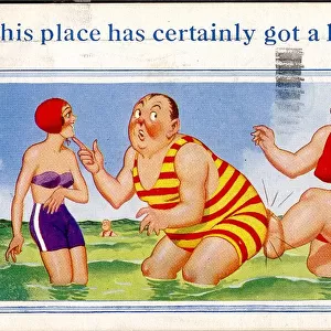 Comic postcard, Man, wife and pretty woman paddling in the sea Date: 20th century