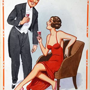 Comic postcard, Man and woman chatting at a party