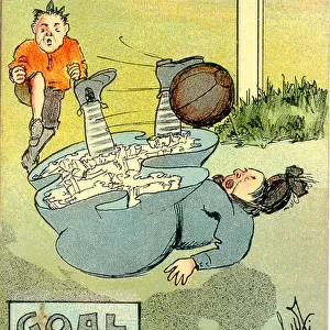 Comic postcard, Man and woman playing football - Goal (1 of 2) Date