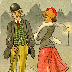 Comic postcard, Man and woman in the street