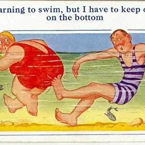Comic postcard, Man and woman swimming in the sea Date: 20th century