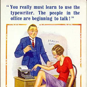 Comic postcard, Man and woman with typewriter