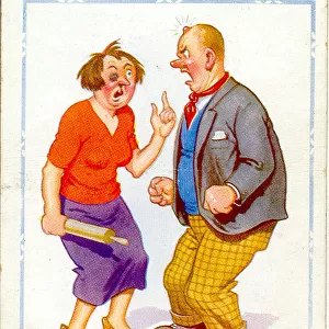 Comic postcard, Married couple fighting Date: 20th century