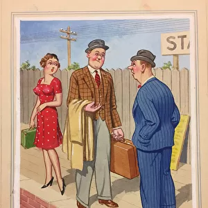 Comic postcard, Two men and woman on station platform Date: 20th century
