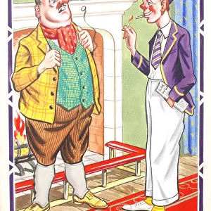 Comic postcard, Middle aged man chatting with a schoolboy or young university student