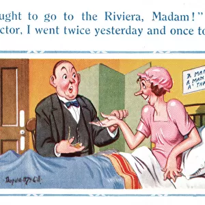 Comic postcard, Middle-aged spinster and doctor Date: 20th century