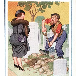 Comic postcard, Middle-aged woman and gravedigger