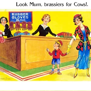 Comic postcard, Mother and son in department store Date: 20th century