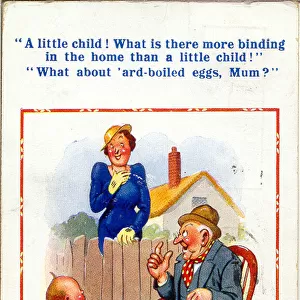 Comic postcard, Neighbours chat over garden fence - woman and old man Date