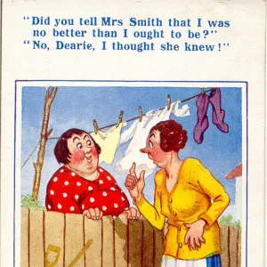 Comic postcard, Neighbours chat over garden fence Date: 20th century