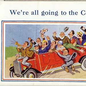 Comic postcard, People in a charabanc for Coronation