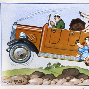 Comic postcard, People falling out of car on bumpy ride