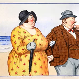 Comic postcard, Plump couple and pretty woman at the seaside Date: 20th century