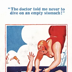 Comic postcard, Plump couple in the sea - don t dive on an empty stomach