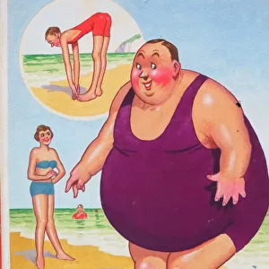Comic postcard, Plump man on the beach. When I came down here I could touch my toes
