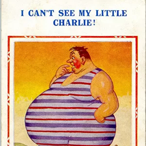 Comic postcard - plump man on the beach - I Can t See My Little Charlie Date