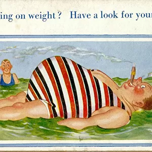 Comic postcard, Plump man floating on the sea Date: 20th century
