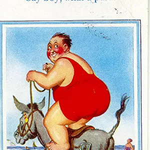 Comic postcard, Plump man riding donkey on beach Date: 20th century
