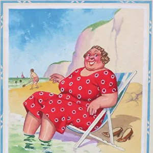 Comic postcard, Plump woman in a deckchair. Come down here and soak your corns with mine