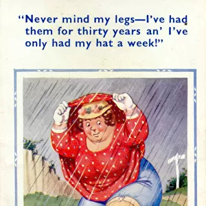 Comic postcard, Plump woman in the rain Date: 20th century