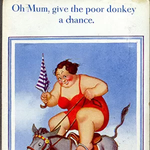 Comic postcard, Plump woman riding donkey on beach