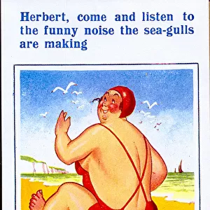 Comic postcard, Plump woman sitting on man on beach Date: 20th century