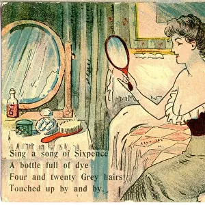 Comic postcard, Pretty woman in her bedroom - grey hairs Date: 20th century