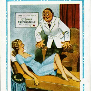 Comic postcard, Pretty woman and psychiatrist Date: 20th century