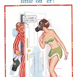 Comic postcard, pretty woman wearing gas mask, WW2 Date: circa 1940s