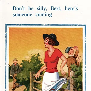 Comic postcard, Pretty young woman, someone coming Date: 20th century