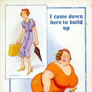 Comic postcard, Putting on weight at the seaside Date: 20th century