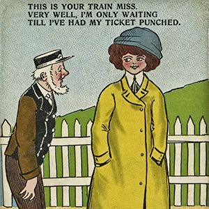 Comic postcard, railway station platform