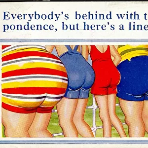 Comic postcard, A row of six bottoms in swimsuits at the seaside Date: 20th century
