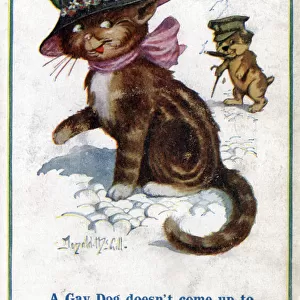 Comic postcard, Saucy cat and gay dog, WW1 Date: circa 1918