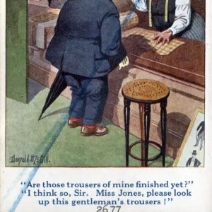 Comic postcard, Scene in a tailors shop Date: circa 1918