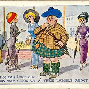 Comic postcard, Scotsman in the street - how to pick up a half crown