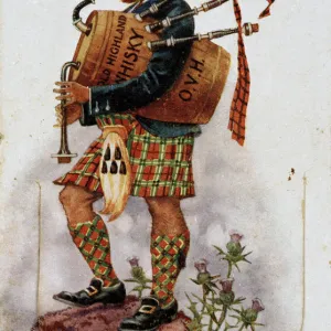 Comic postcard, Scotsman with whisky barrel bagpipes