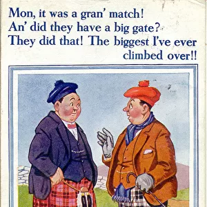 Comic postcard, Scotsmen discuss football match