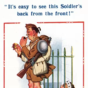 Comic postcard, Scottish Soldier in the British Army, WW2 - a maid looks up at him from a