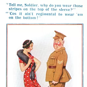 Comic postcard, Sergeant and pretty woman, WW2 Date: circa 1940s