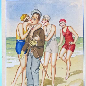 Comic postcard, Shy man with pretty women on the beach