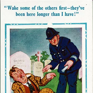 Comic postcard, Sleeping man in cemetery with policeman Date: 20th century