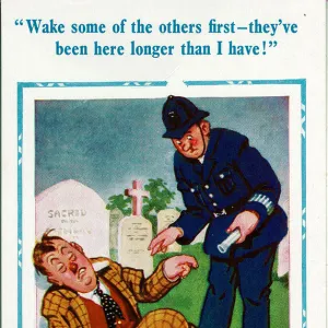 Comic postcard, Sleeping man in cemetery with policeman Date: 20th century