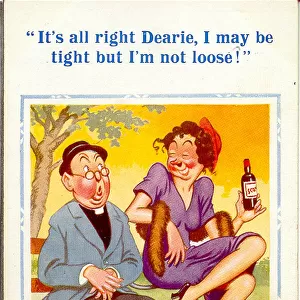 Comic postcard, Vicar and drunk woman in park