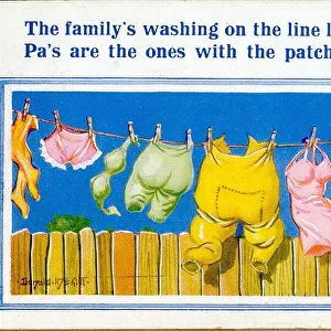 Comic postcard, Washing line of clothes in a garden Date: 20th century