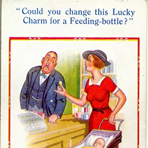 Comic postcard, Woman with baby in a shop Date: 20th century