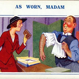Comic postcard, Woman buying underwear in a shop Date: 20th century